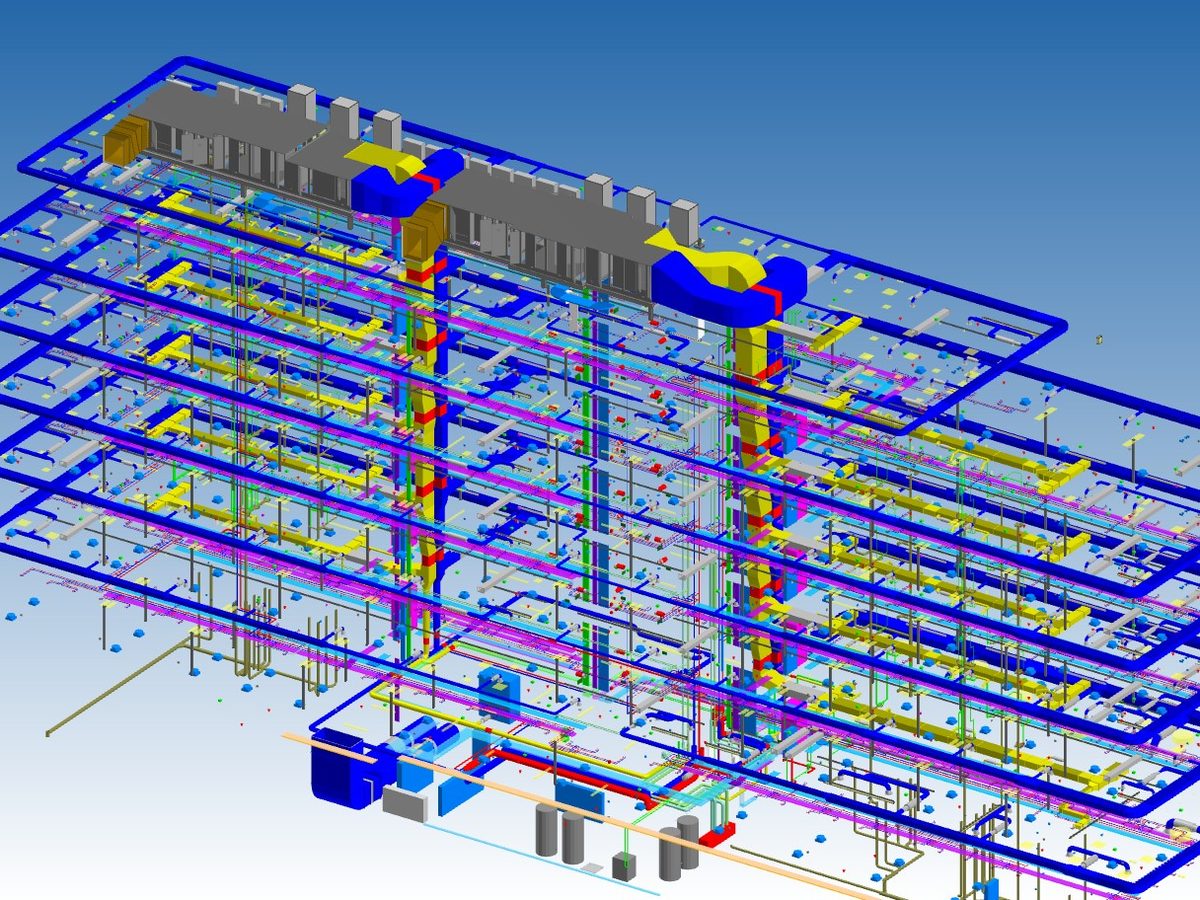 3D-Modell der technischen Gebäudeausrüstung eines mehrgeschossigen Bürogebäudes